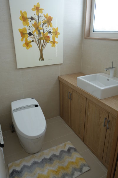 Custom vanity closets and shelf in Pickled Oak