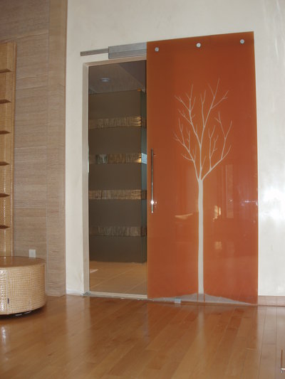 Barn style glass sliding doors with telescopic track