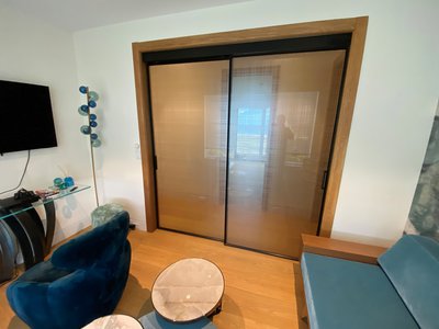 Modern Black Sliding Glass Door with Pattern West Hampton Beach, NY